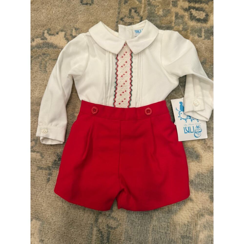 Luli & Me Boys Smocked Button In Short Set Holiday Sz 3 Months Runs Big NWT $80